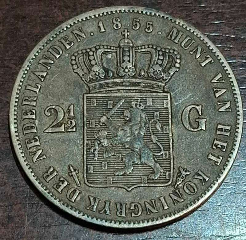 1855 Netherlands 2 1/2 Gulden coin