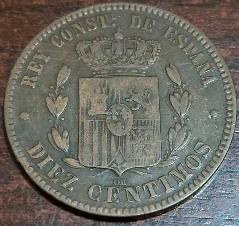 1879 Spanish 10 Centimos coin featuring Alfonso XII
