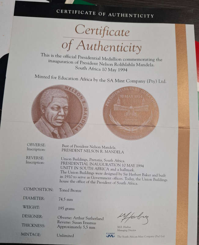 Nelson Mandela Bronze Medallion Inauguration 1994 with Certificates