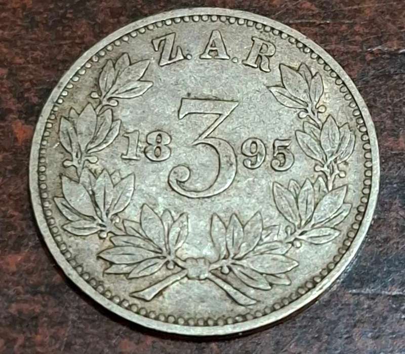 1895 3 Pence coin from the South African Republic (ZAR)