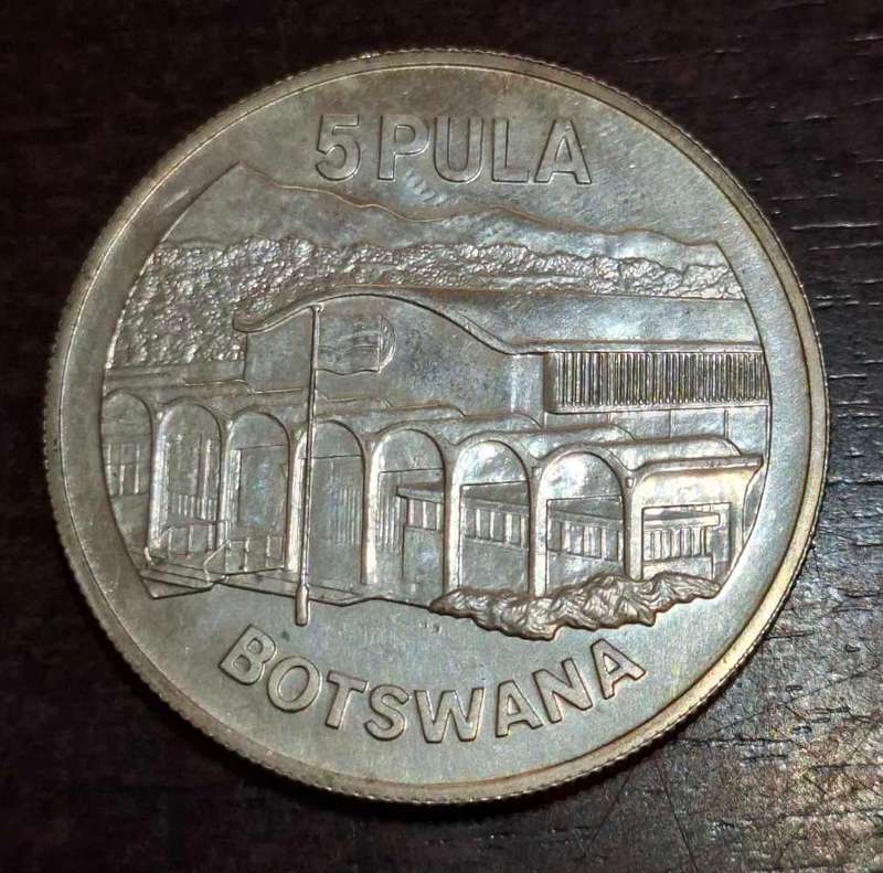 5 Pula coin from Botswana, specifically the 1976 Independence Anniversary edition