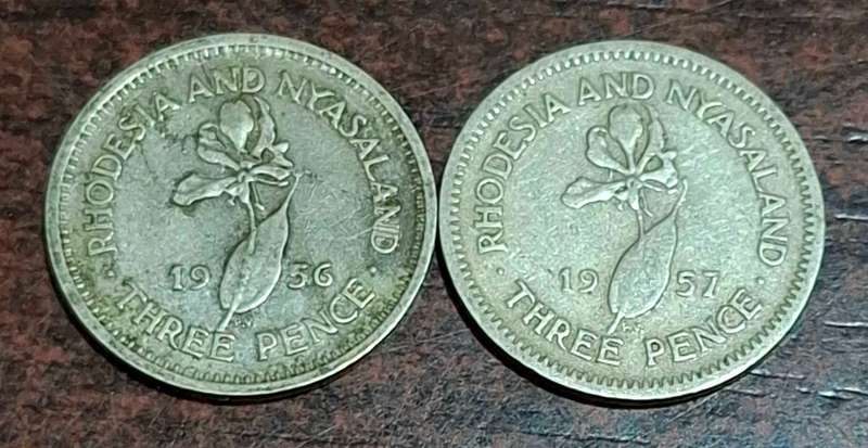 1956 and 1957 3 Pence coins from Rhodesia