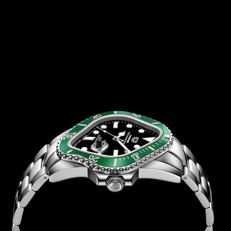 Laarvee Golden watch brushed silver stainless steel case and a green ceramic bezel in original box