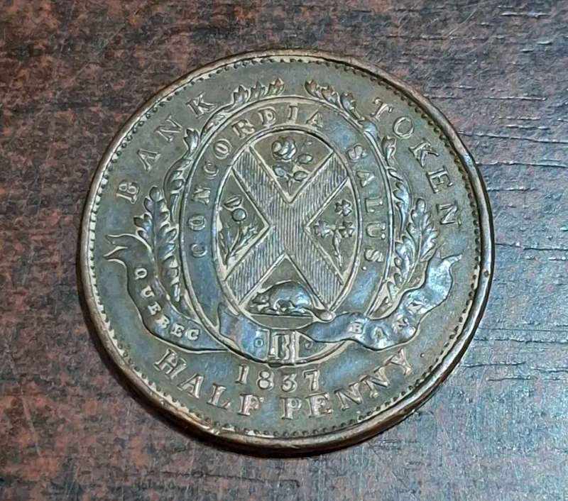 1837 LOWER CANADA ONE PENNY BANK HABITAT TOKEN LC-8B QUEBEC BANK ON RIBBON