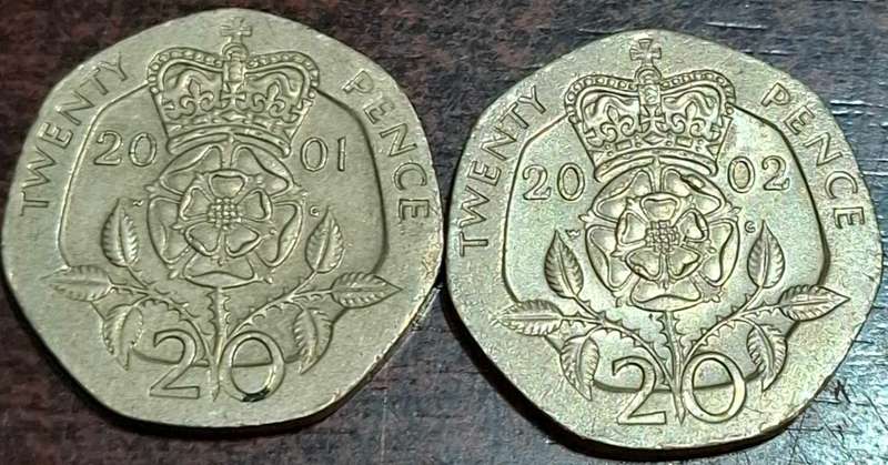 2001 and 20002 two British twenty pence