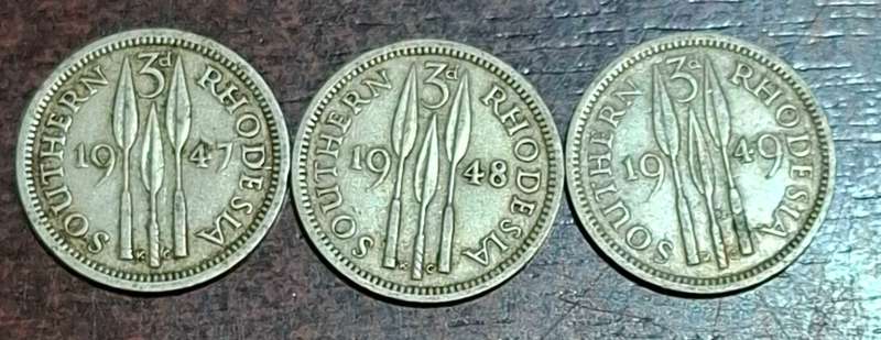 1947, 1948 and 1949 Southern Rhodesia 3 pence coins