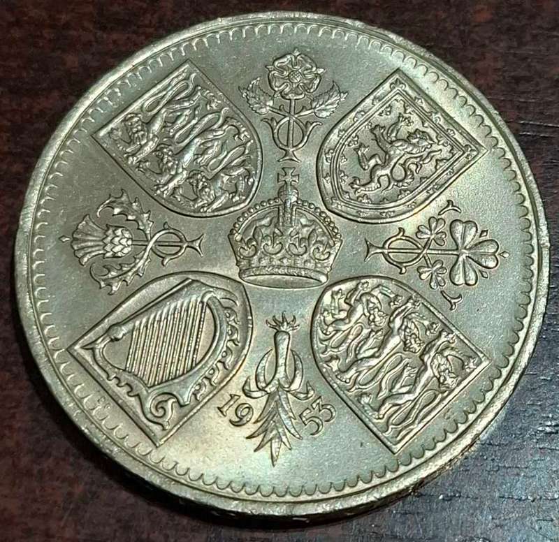 1953 British five-shilling coin
