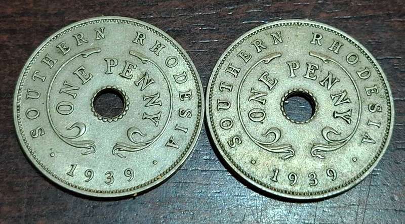 2x 1939 Southern Rhodesia one penny coin.