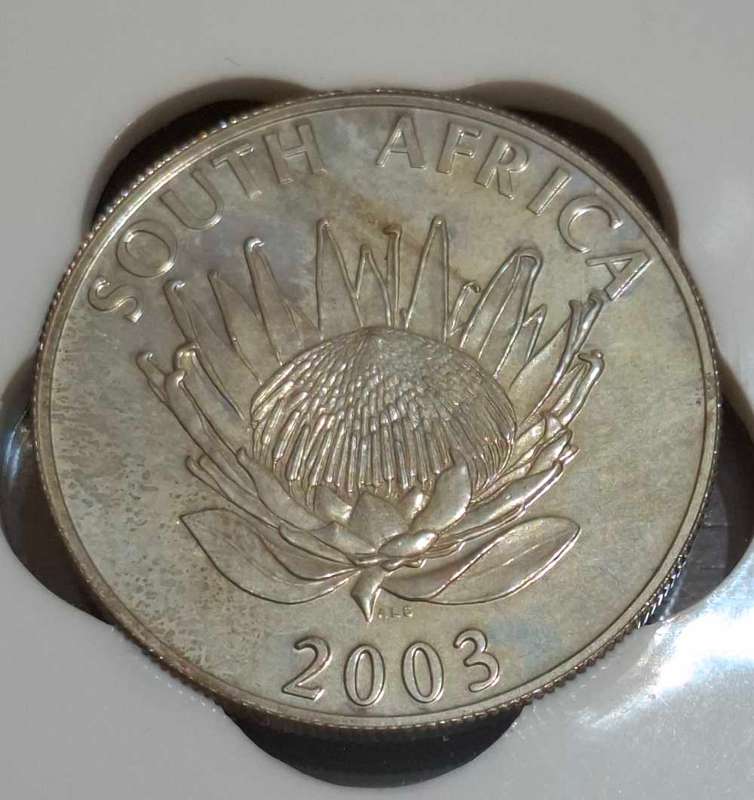 2003 South African 1 Rand coin commemorating the Cricket World Cup held in South Africa