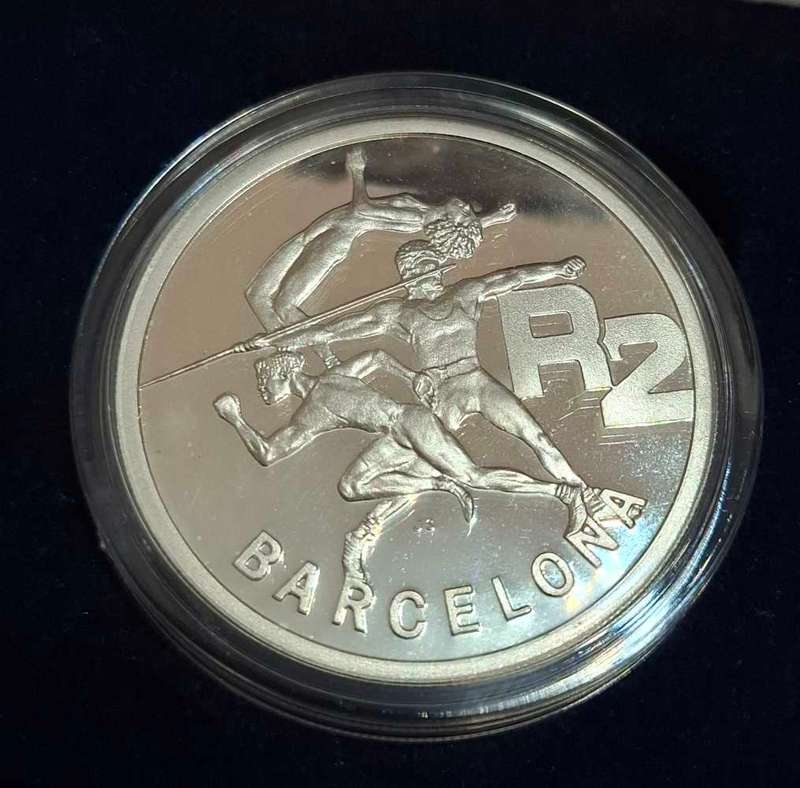 1992 South Africa SILVER PROOF 2 Rand BARCELONA OLYMPICS R2 1 OZ SILVER