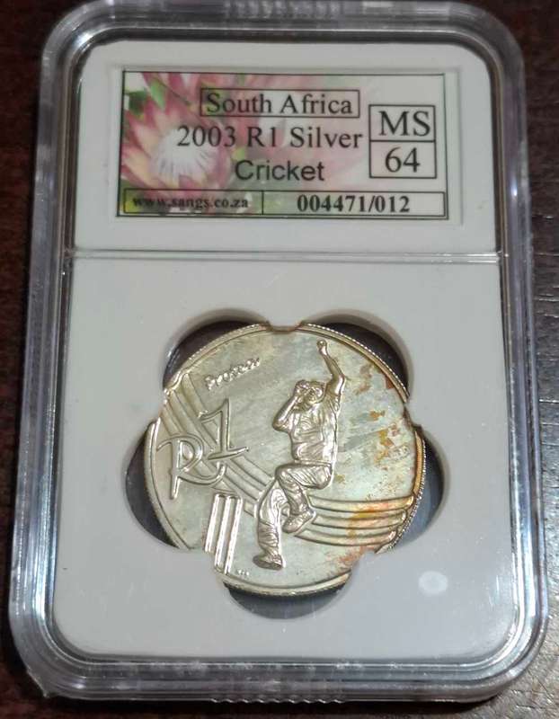 2003 South African 1 Rand coin commemorating the Cricket World Cup held in South Africa
