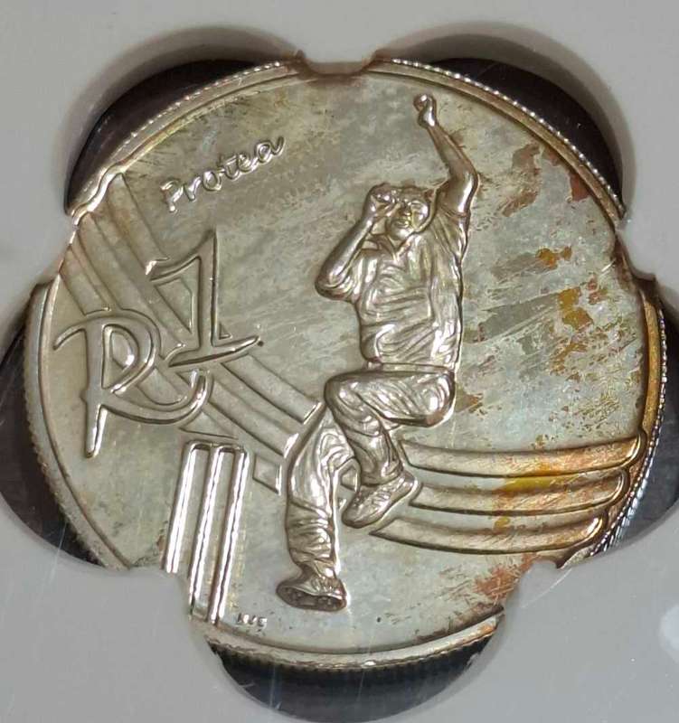 2003 South African 1 Rand coin commemorating the Cricket World Cup held in South Africa