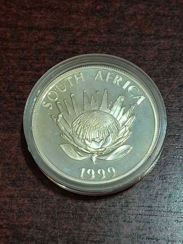SOUTH AFRICA PROOF MINING 1999 PROTEA SILVER R1 WITH COA AND BOX