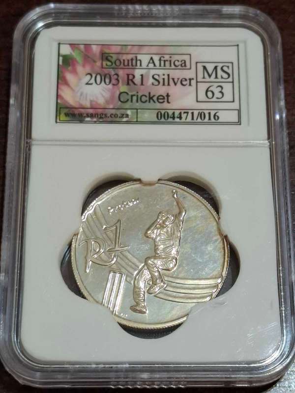 2003 South African 1 Rand coin commemorating the Cricket World Cup held in South Africa
