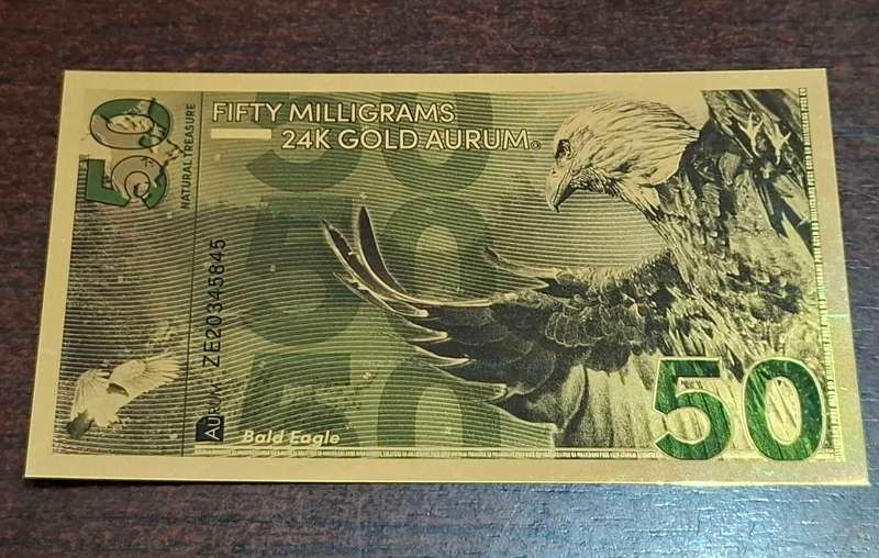 50mg .999 Fine Gold North American Bald Eagle Aurum 24K 0.05 Gram Note