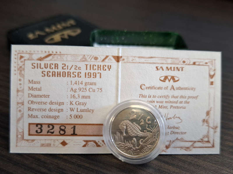 1997 SA Silver 2 1/2 Cent Proof Seahorse (Tickey) - as per photograph