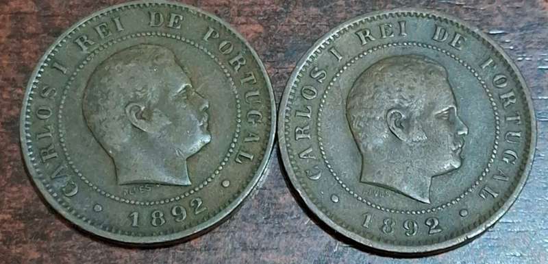 1892 two 10 Reis coins from Portugal