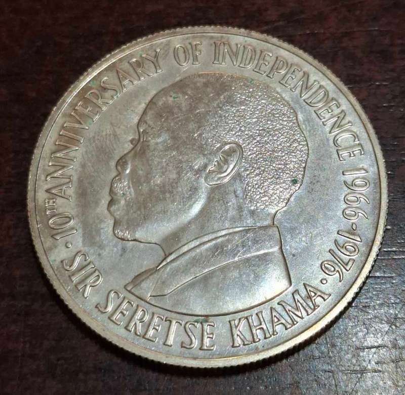 5 Pula coin from Botswana, specifically the 1976 Independence Anniversary edition