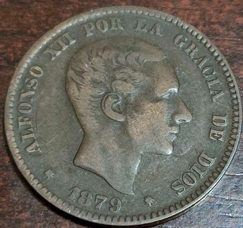 1879 Spanish 10 Centimos coin featuring Alfonso XII