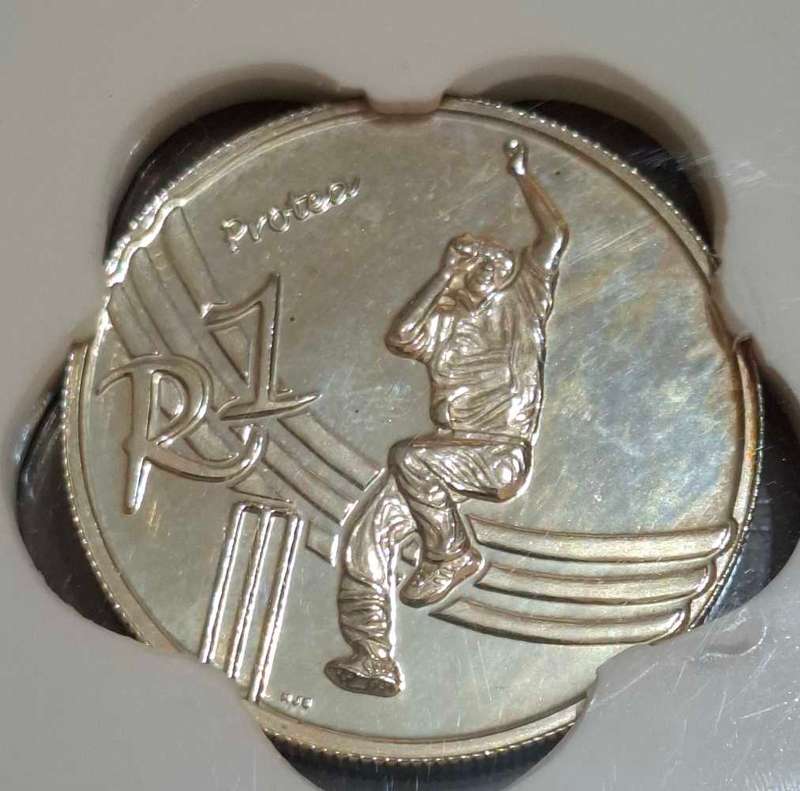2003 South African 1 Rand coin commemorating the Cricket World Cup held in South Africa