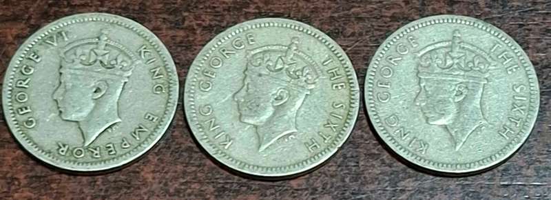 1947, 1948 and 1949 Southern Rhodesia 3 pence coins