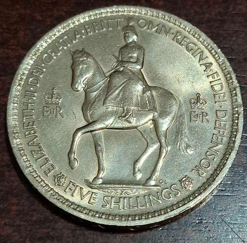 1953 British five-shilling coin