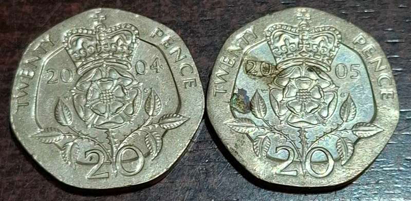 2004 and 2005 two British twenty pence