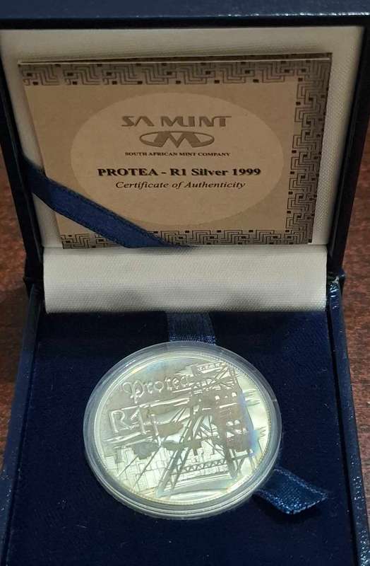 SOUTH AFRICA PROOF MINING 1999 PROTEA SILVER R1 WITH COA AND BOX