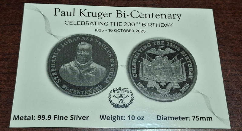 Paul Kruger 200th birthday celebration 10oz fine silver