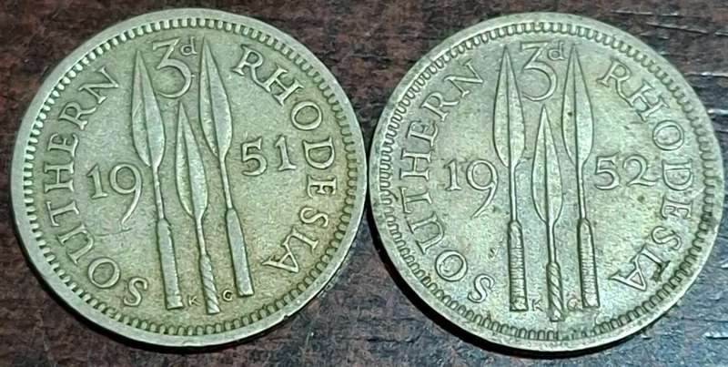 1951 and 1952 3 Pence coins from Southern Rhodesia