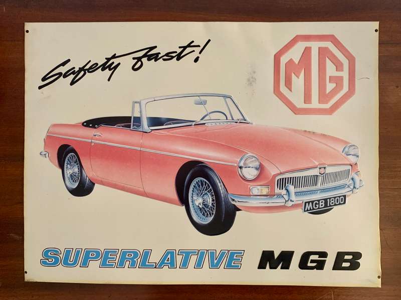 UNIQUE TIN STORE ADVERTISING SIGN - M G -SUPERLATIVE CAR MGB 1995