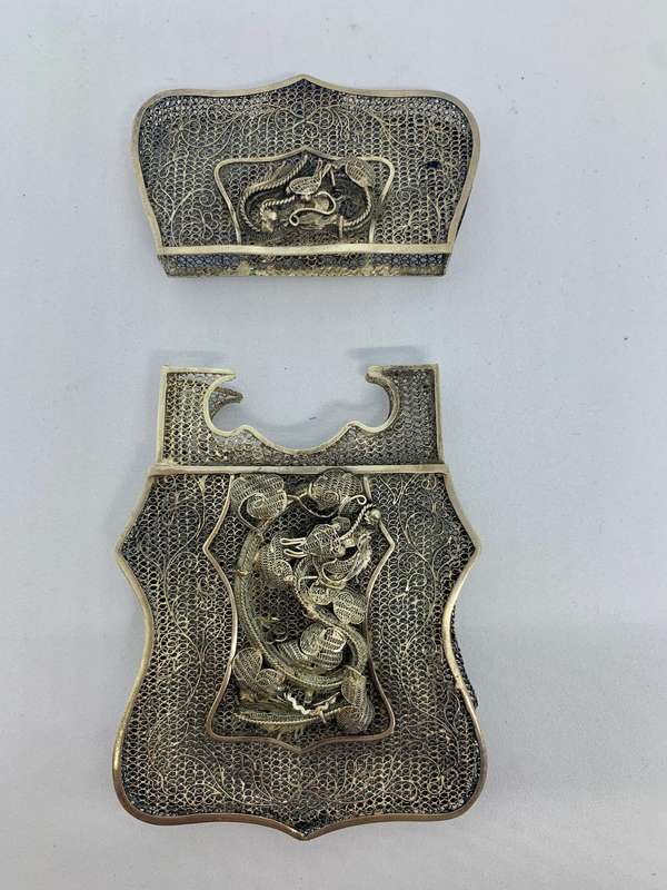 Antique Chinese Sterling Silver Wire Work Card Case with Dragons