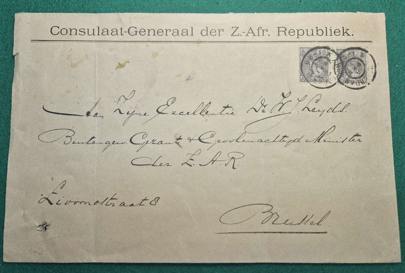 ZAR 1901 - Consulaat - General der ZAR cover - Nederland 10c x 2 - Con circular label affixed back