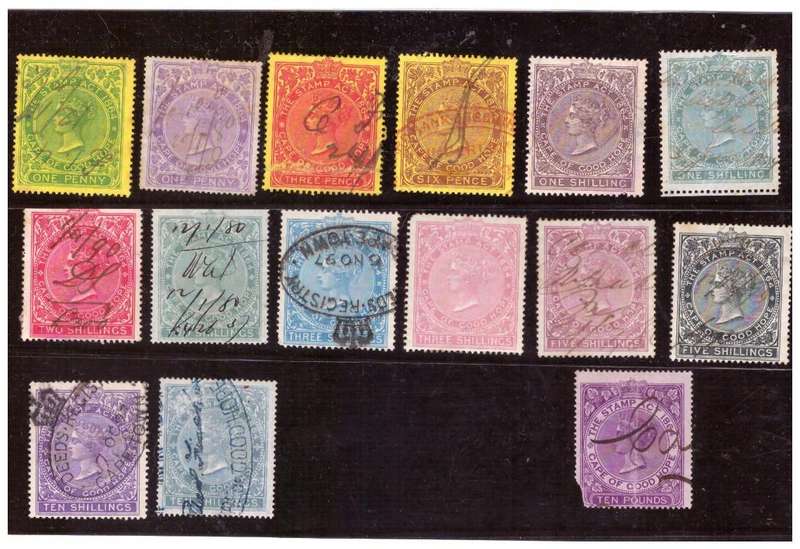 COGH- Cape of Good Hope 1865 Queen Victoria - 14 Revenue Stamps
