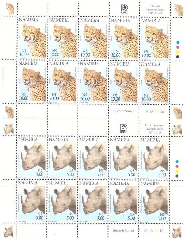 Namibia 1997 - Full Sheets Cheetah N$10,Rhino N$5, Buffalo N$4,Elephant N$1.50,