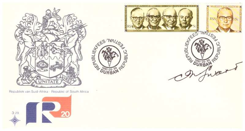 RSA no 3.29 - 1981 Republic Festival FDC signed by President Swart