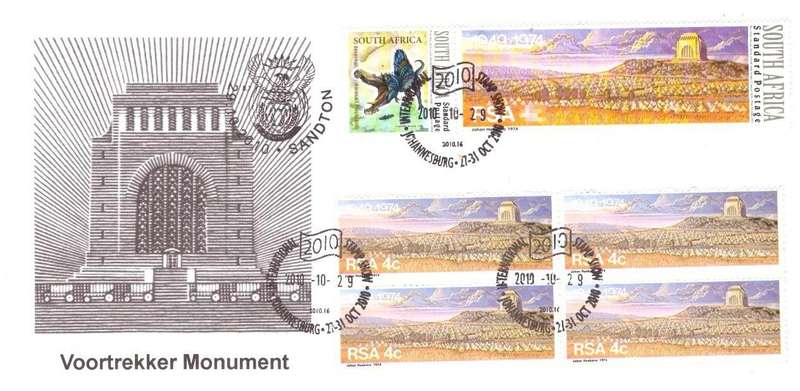 RSA Voortrekker Monument Original 1974 issue with Enlarged Re-Issued stamp - Cover on 29 10 2010
