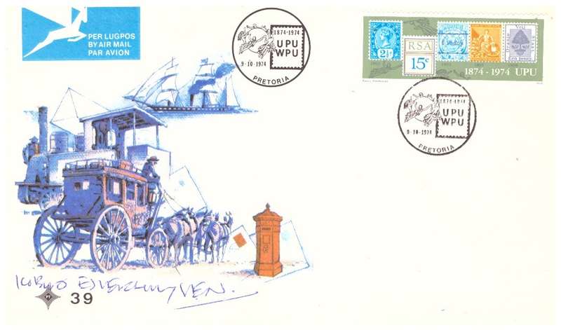 RSA no 39 - 1974 Centenary of UPU FDC signed by the Artist Kobus Esterhuizen