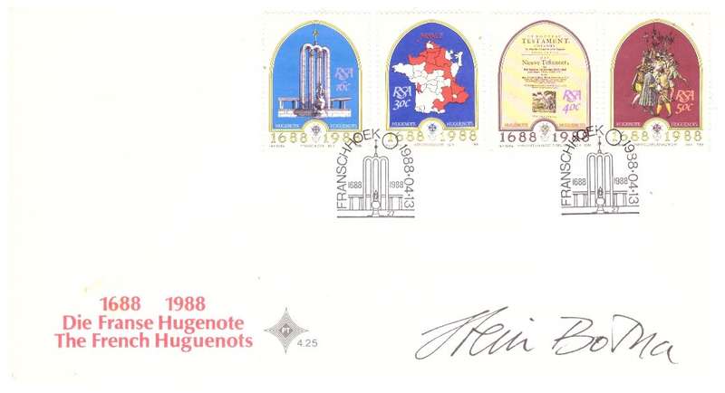 RSA no 4.25 - 1988 French Huguenots FDC signed by the Artist Hein Botha