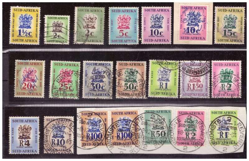 RSA -South Africa  1961 -1966 Coat of Arms - 21 Revenue Stamps