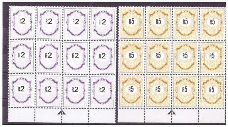 South Africa Revenue Stamps  1978 to 1998 - Part Sheets of R5 & R2 Revenue Stamps with Arrow Marking