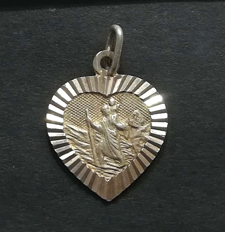 STERLING SILVER HEART SHAPE ST CHRISTOPHER CHARM 14X18MM