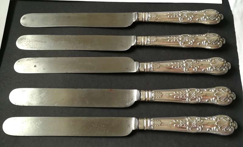 STERLING SILVER SHEFFIELD 1905 *HANDLES* KINGS PATTERN SET 5 KNIVES 250MM