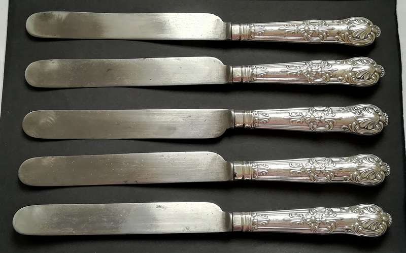 STERLING SILVER SHEFFIELD 1905 *HANDLES* KINGS PATTERN SET 5 KNIVES 250MM