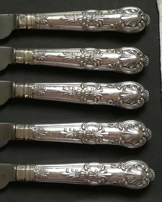 STERLING SILVER SHEFFIELD 1905 *HANDLES* KINGS PATTERN SET 5 KNIVES 250MM