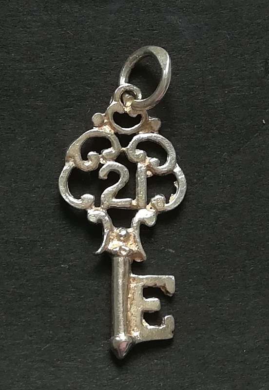 STERLING SILVER CHARM/PENDANT *21 ST KEY* 12X25MM 1.3 GRAMS