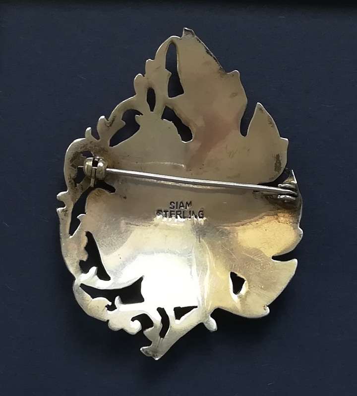 SIAM STERLING SILVER + ENAMEL BROOCH 40X55MM 8 GRAMS