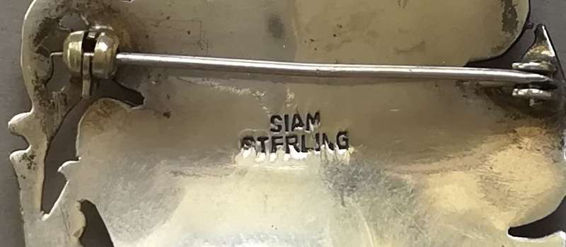 SIAM STERLING SILVER + ENAMEL BROOCH 40X55MM 8 GRAMS
