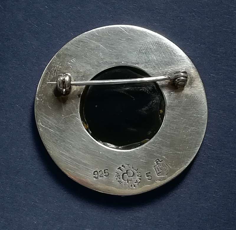 MEXICO STERLING SILVER + GLASS BROOCH  36MM 24.2 GRAMS