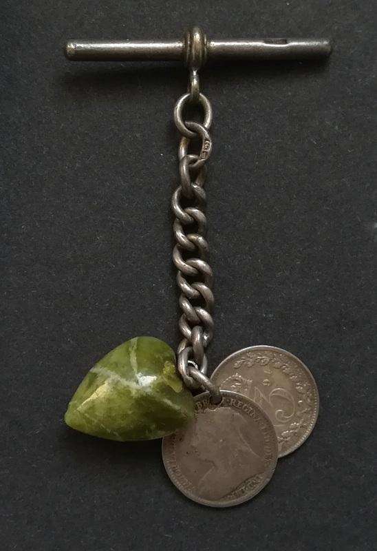 STERLING SILVER LONDON 1897 T-BAR FOR FOB CHAIN + 1894 +1895 6 PENCE AND STONE HEART